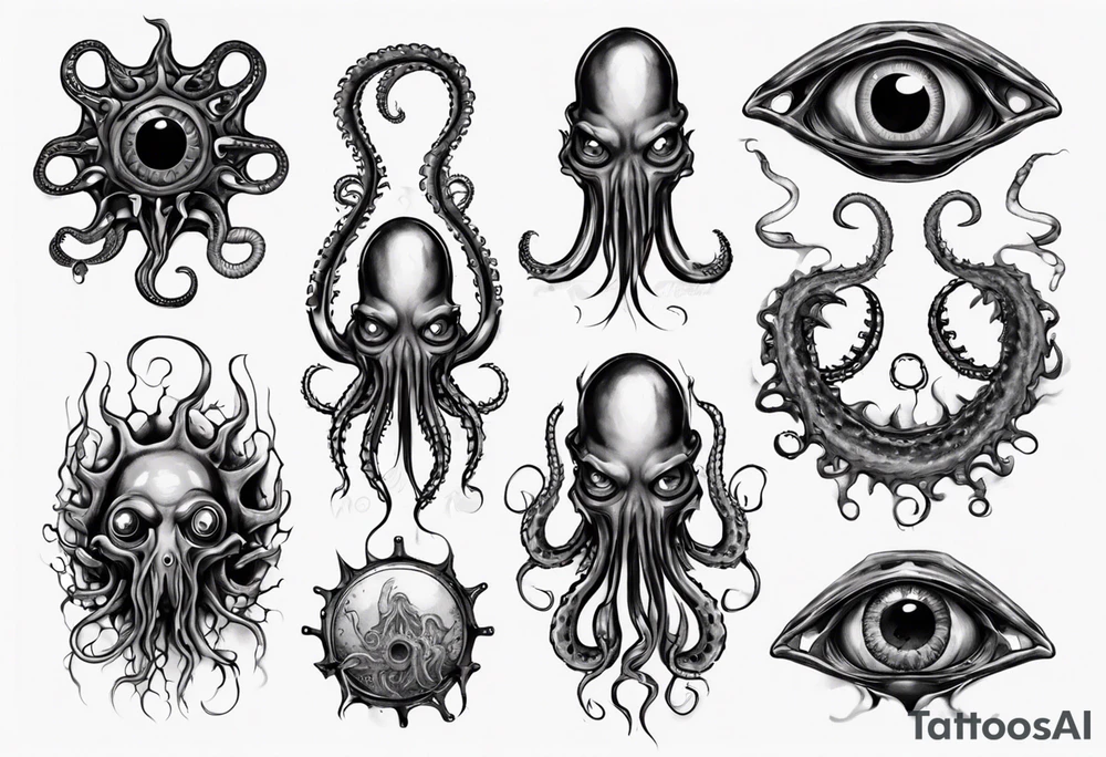 lovecraft theme with tentacle+++ and eyes for forearms tattoo idea
