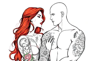 Woman with long red hair and red lipstick with lots of tattoos with  a bald muscular white man with tattoos getting married tattoo idea