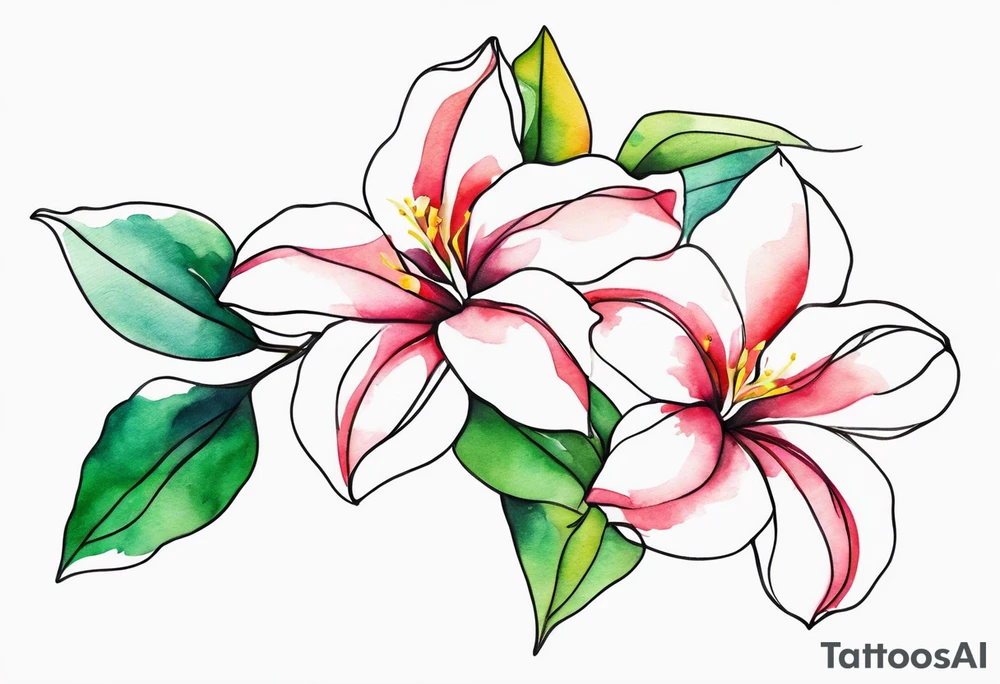 white background, abstract mandevilla flowers on a vine, part of it watercolor, part of it just line work tattoo idea