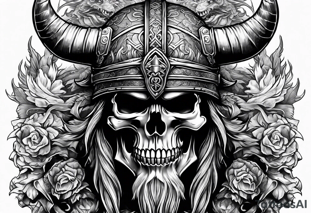 Viking skull with helmet and dragon head tattoo idea