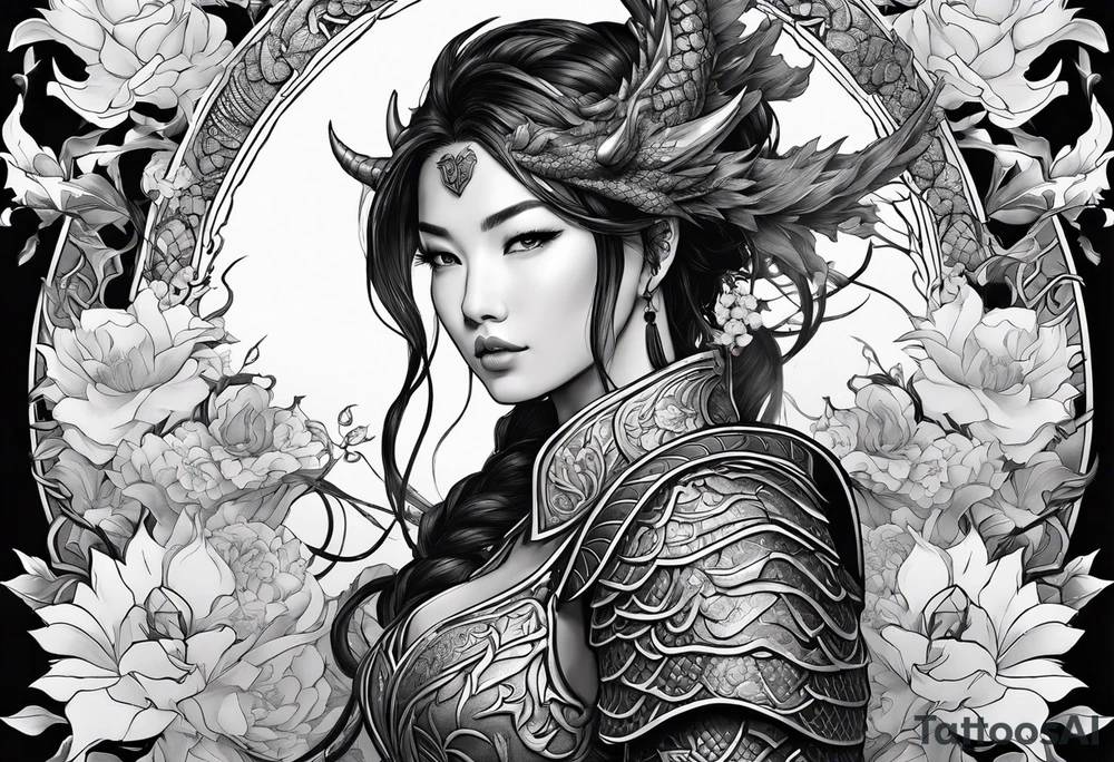 beautiful warrior woman wearing dragon armor and a floral background and a dragon a full picture tattoo idea