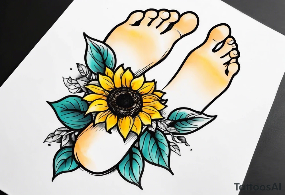 Baby foot print with sunflowers tattoo idea