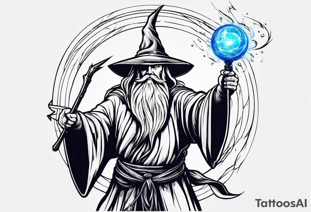Wizard controlling lightning with a staff with blue arc ball tattoo idea Wizard controlling lightning with a staff with blue arc ball tattoo idea