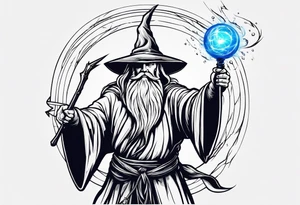 Wizard controlling lightning with a staff with blue arc ball tattoo idea