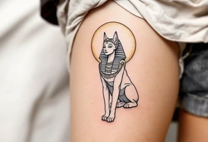A majestic Sphinx outline in warm gray, positioned below a faded gold sun, sitting on the thigh as a guardian. tattoo idea