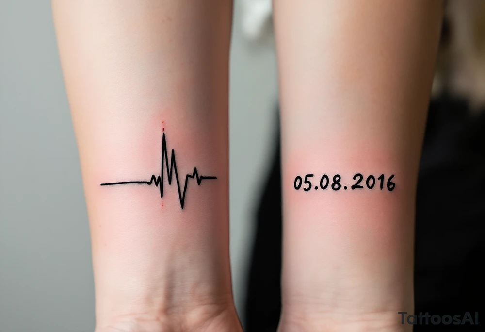 A heartbeat line ending in a red spike with your wedding date (05.08.2016) in cursive on both forearm. tattoo idea