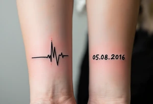 A heartbeat line ending in a red spike with your wedding date (05.08.2016) in cursive on both forearm. tattoo idea