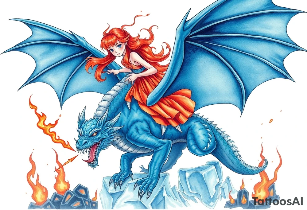 Redheaded girl riding a blue dragon with wings spread and breathing fire and flying over ice and hell tattoo idea