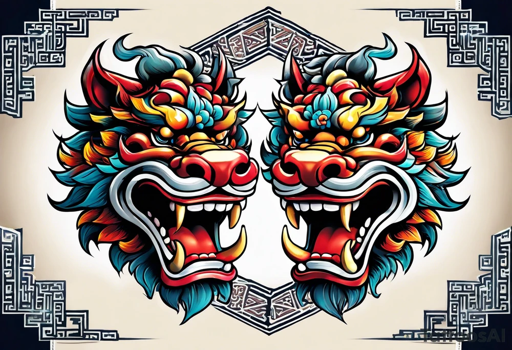 Pair of neo traditional Okinawa shisa, one has mouth closed, the other one, has mouth open. tattoo idea