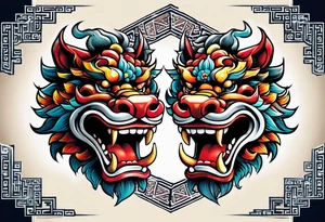 Pair of neo traditional Okinawa shisa, one has mouth closed, the other one, has mouth open. tattoo idea