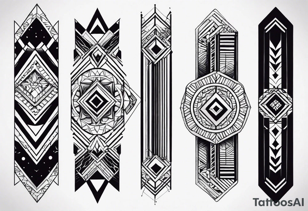 forearm band tattoos, 3 separate segments, solid shapes, Black more dominate color tattoo idea