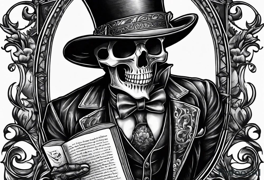 old time skeleton wearing a top hat holding a bible tattoo idea