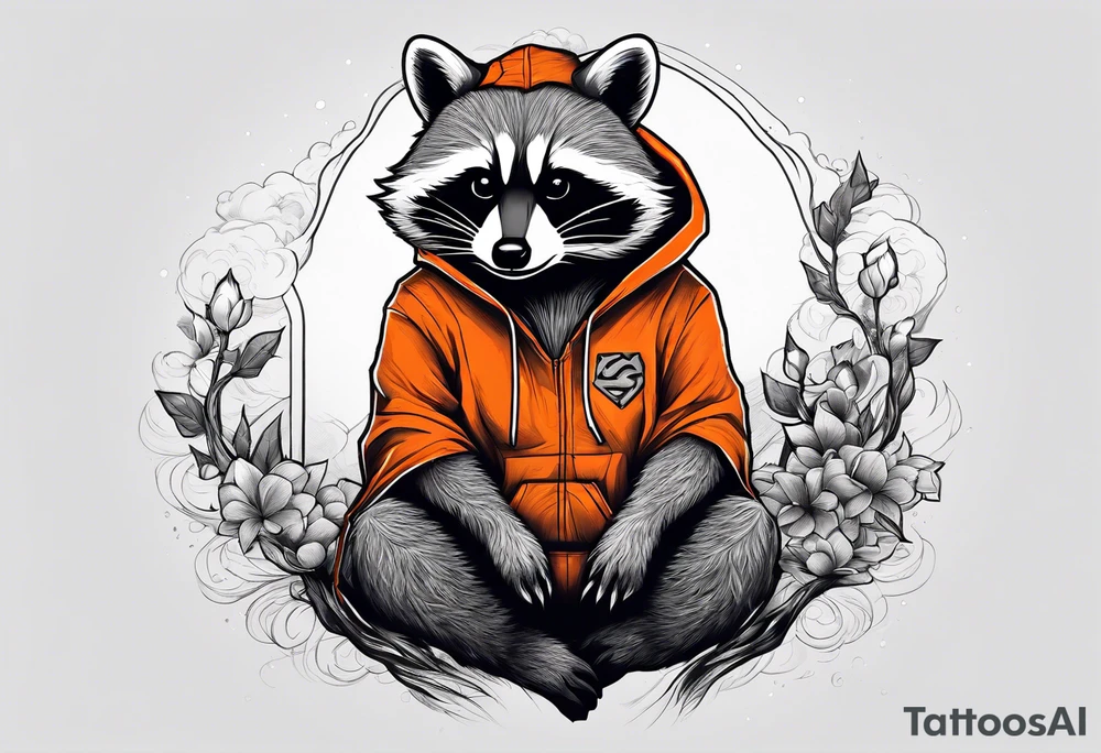 Raccoon wearing an orange Superman hoodie tattoo idea