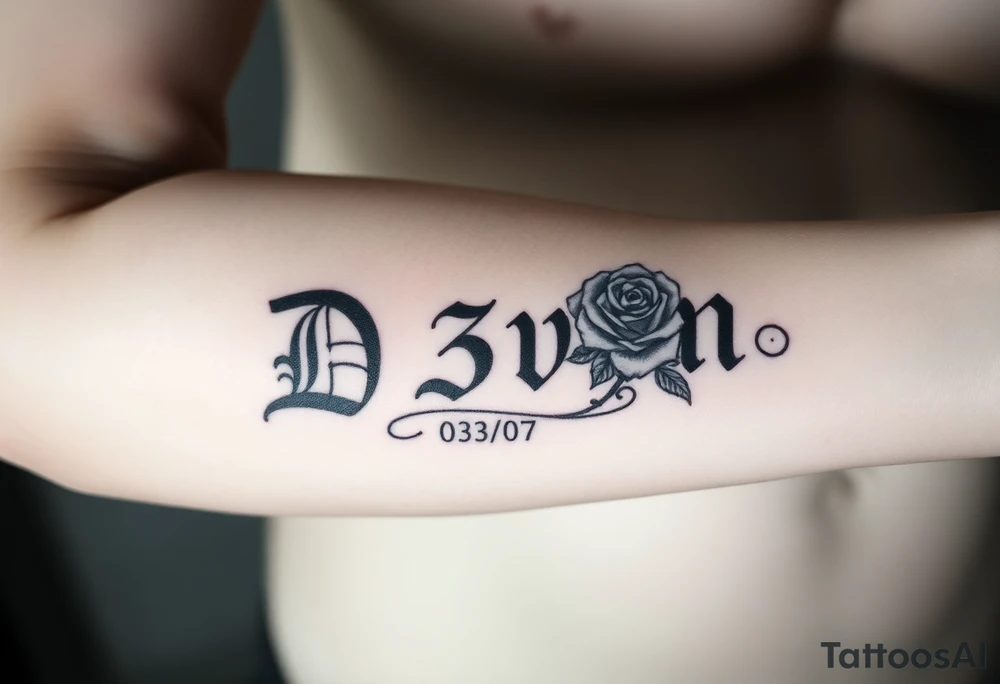 Name D3von with a crown and rose and cross and 03/27/07 tattoo idea