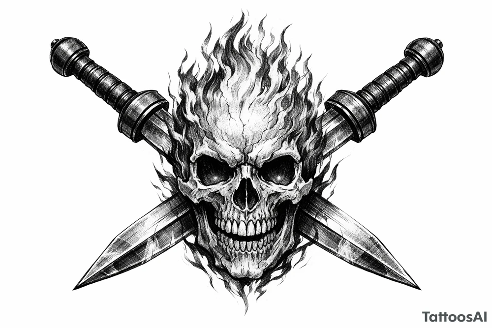 A skeletal head ablaze, framed by crossed gladius swords. tattoo idea