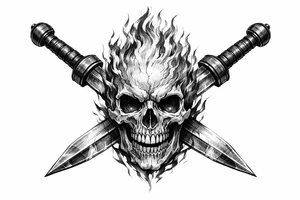 A skeletal head ablaze, framed by crossed gladius swords. tattoo idea