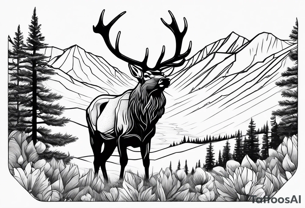 rocky mountains with an elk in a field tattoo idea