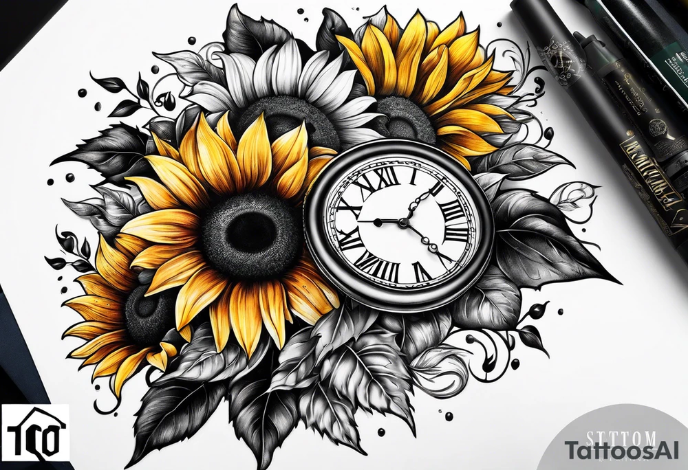 Sleeve with Roman numeral and sunflowers tattoo idea