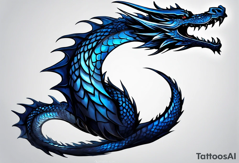An epic floating dragon. Its long body coiling dynamically, with scales and horns detailed to create a sense of movement and strength. The dragon's main color is midnight blue, giving a vibrant depth and a mystical aura. This tattoo highlights the dragon’s fierce expression and sharp claws. tattoo idea