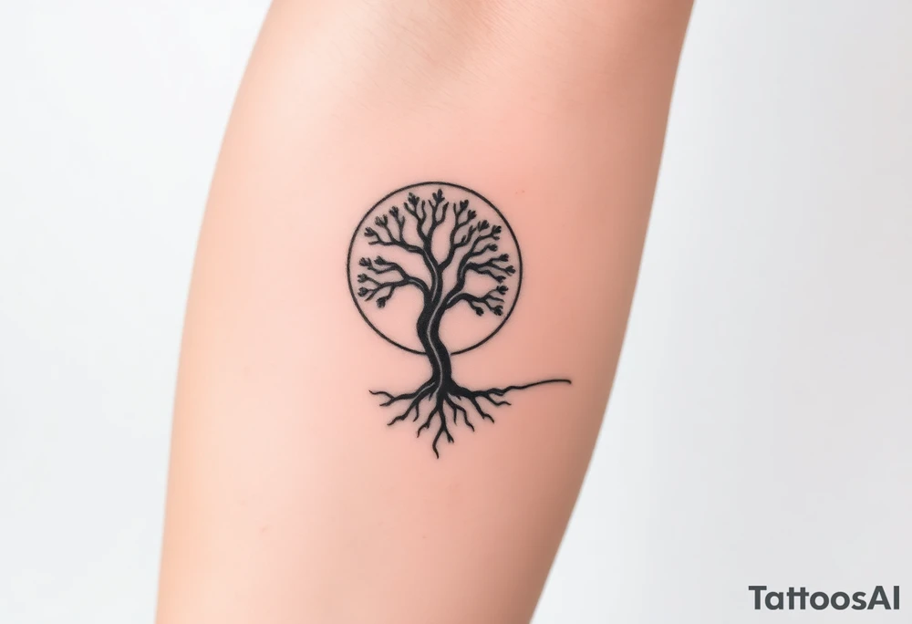 Tree inside of sun, spiral circle roots. A line moving to the right tattoo idea