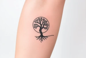 Tree inside of sun, spiral circle roots. A line moving to the right tattoo idea