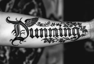 Dunning, left forearm details include angel wing, greek type of font,jungle leaves , tiger claw scratch tattoo idea