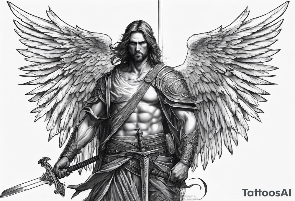 realistic angel of death, man, full body, no face visible, holding one sword, sword pointing downwards, both hands are holding the sword tattoo idea