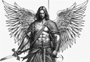 realistic angel of death, man, full body, no face visible, holding one sword, sword pointing downwards, both hands are holding the sword tattoo idea