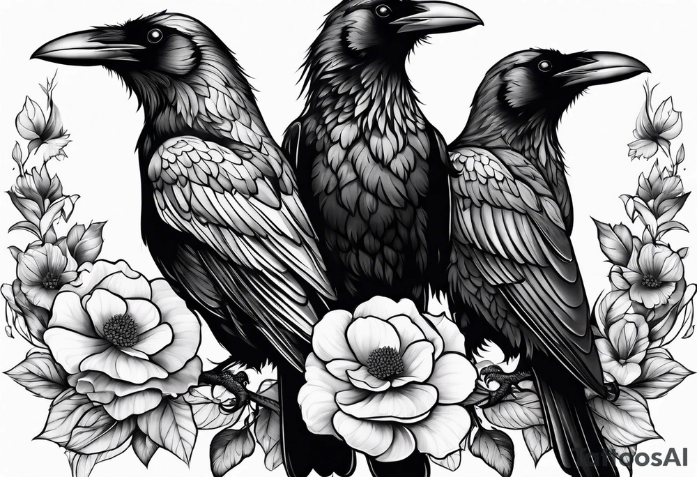 Three Ravens and Flowers or nature tattoo idea