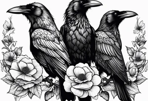 Three Ravens and Flowers or nature tattoo idea