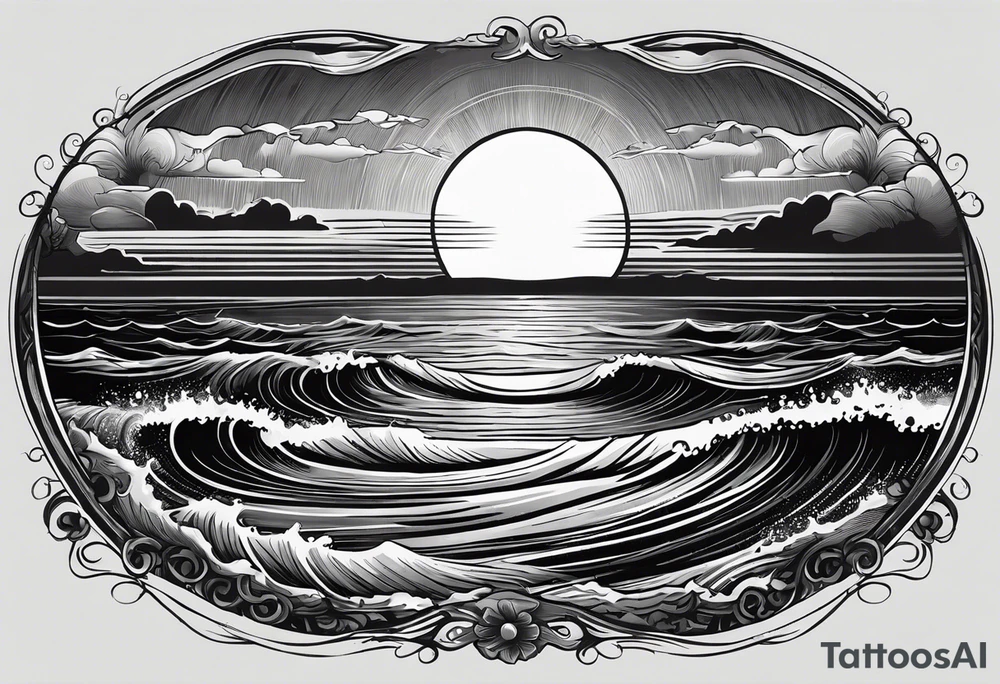 Tattoo from the perspective of being on the ocean at sunset. Water is calm, with very light waves, the sun is setting behind the ocean, reflicting light onto the ocean waves. tattoo idea