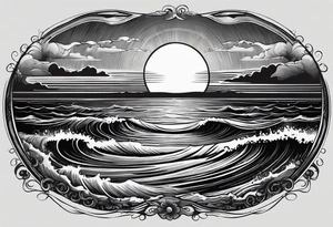 Tattoo from the perspective of being on the ocean at sunset. Water is calm, with very light waves, the sun is setting behind the ocean, reflicting light onto the ocean waves. tattoo idea