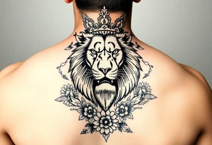 powerful majestic lion with a crown, surrounded by floral ornaments and birds tattoo idea