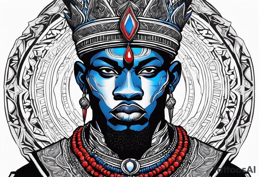 An african god, a bald black-skinned warrior, that uses a sword and a silver crown. He also uses blue and red necklaces tattoo idea