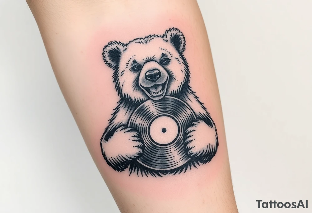 happy bear holding a vinyl record tattoo idea