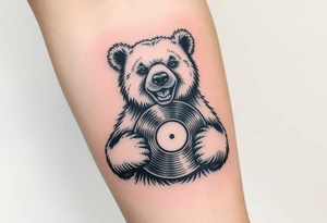 happy bear holding a vinyl record tattoo idea