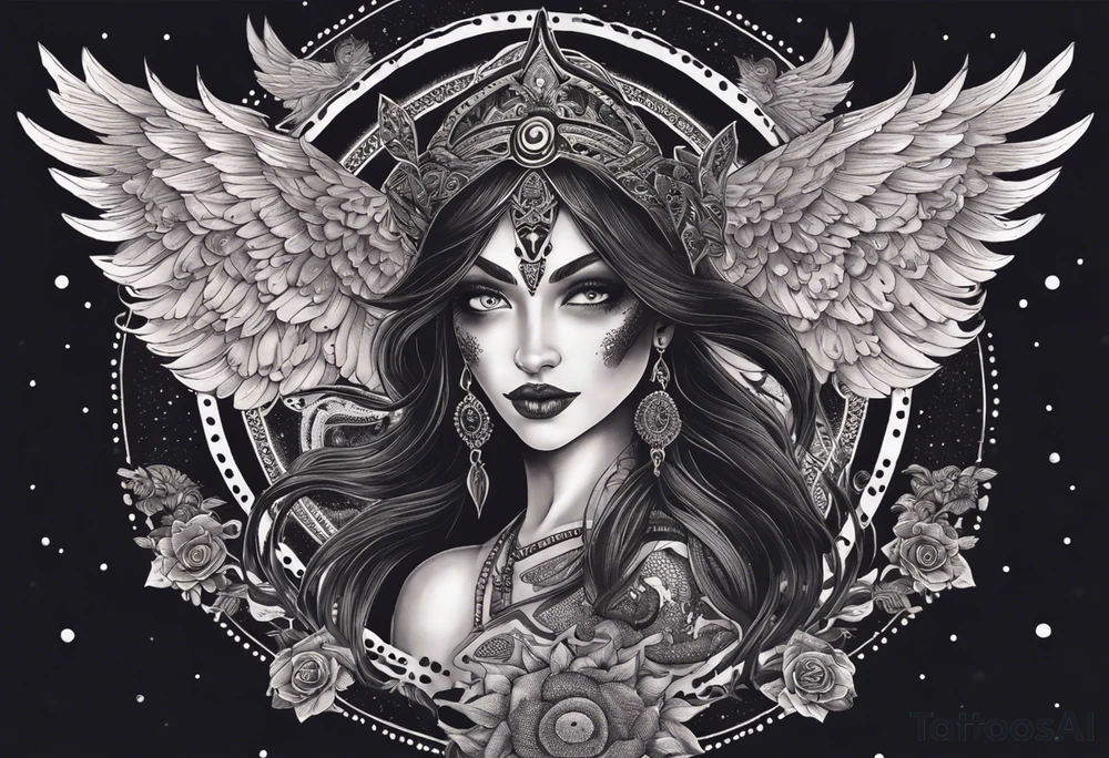 black kali, goddess pirate, alien, angel, pachamama, valkrye, warrior, flying, skull, lotus azul, wing, eagle, zenza resonance, stars, 5D, anahata chakra, death, durga, riding on a tiger, flying lady, chest tatoo tattoo idea