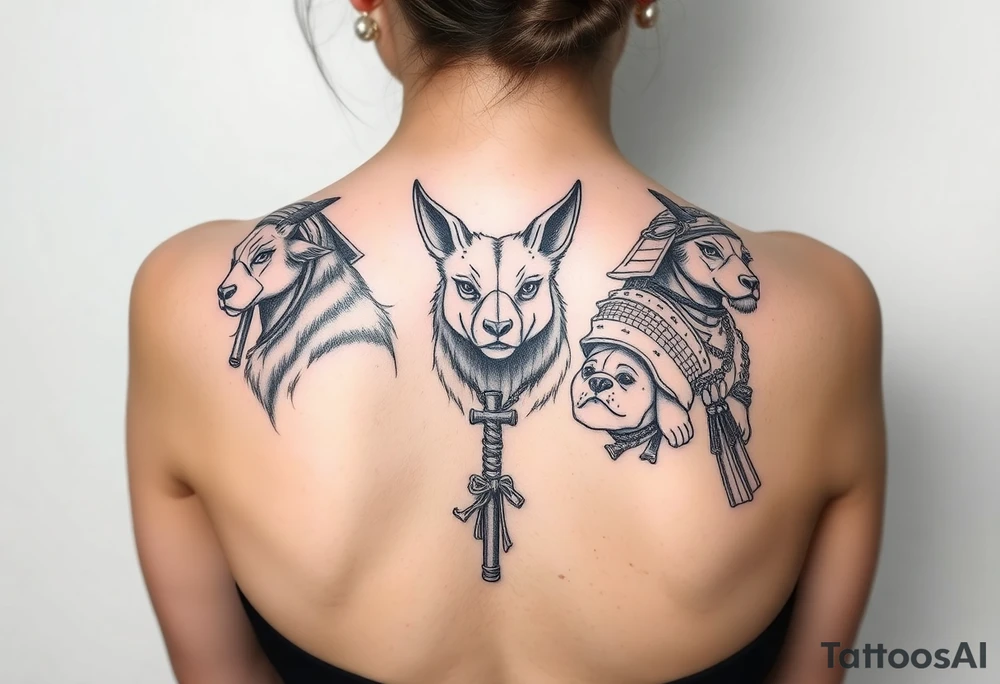 Goat, ox, and dog dressed up as samurai warriors tattoo idea