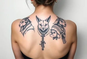 Goat, ox, and dog dressed up as samurai warriors tattoo idea