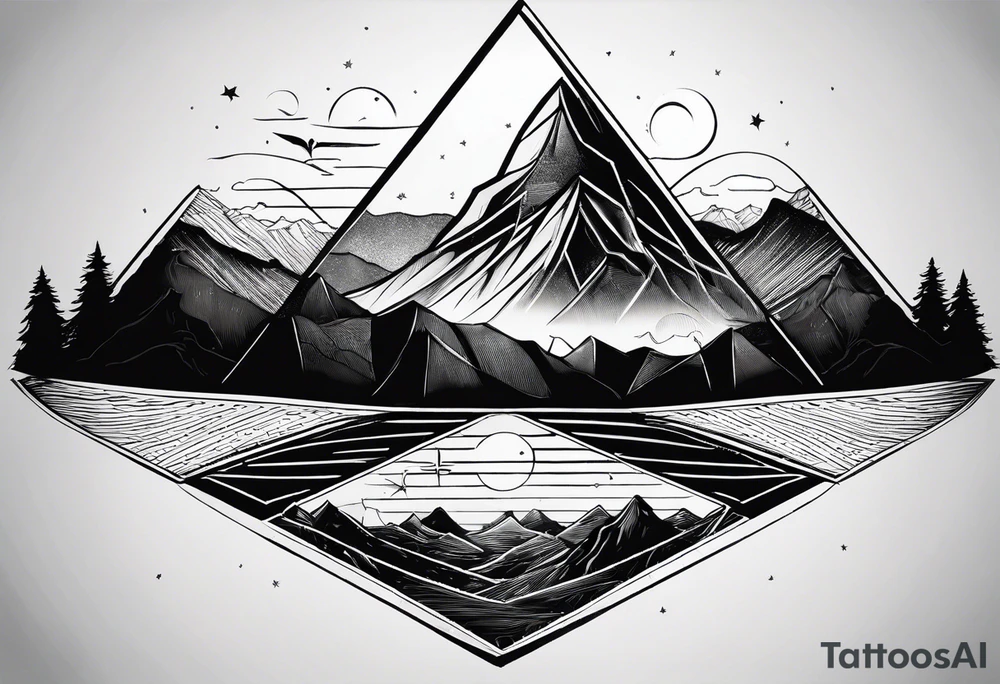 Two triangles, one triangle has the a mountain landscape during the night and the other one has beach sunset landscape. tattoo idea