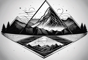 Two triangles, one triangle has the a mountain landscape during the night and the other one has beach sunset landscape. tattoo idea
