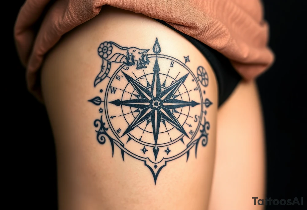 antique compass rose overlaid on weathered world map with sailing ships tattoo idea