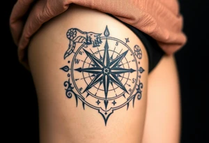 antique compass rose overlaid on weathered world map with sailing ships tattoo idea