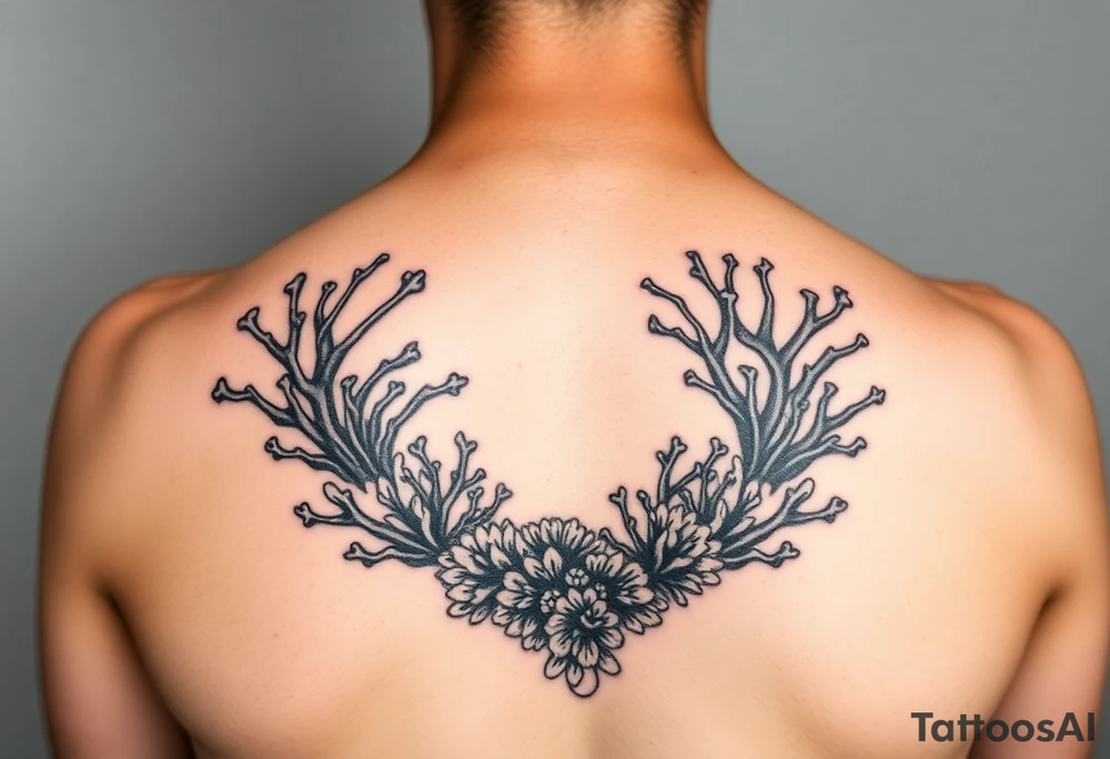 Tribal style tattoo of coral reef, black on skin only. It must be prominent that the design is tribally inspired. The design should be symmetrical. There miust be variation in the types of coral. The design should fit on a calf tattoo idea
