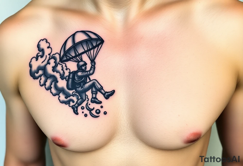 A parachuting soldier falling into an open book. Chaos surrounding, but the book is protecting the soldier from it. On the chest. Make the tattoo smaller. Make it thought provoking. Make the chaos in the environment be an eerie mist. Make the pages in the book be blank. Just one soldier, no other characters. the book is old. tattoo idea