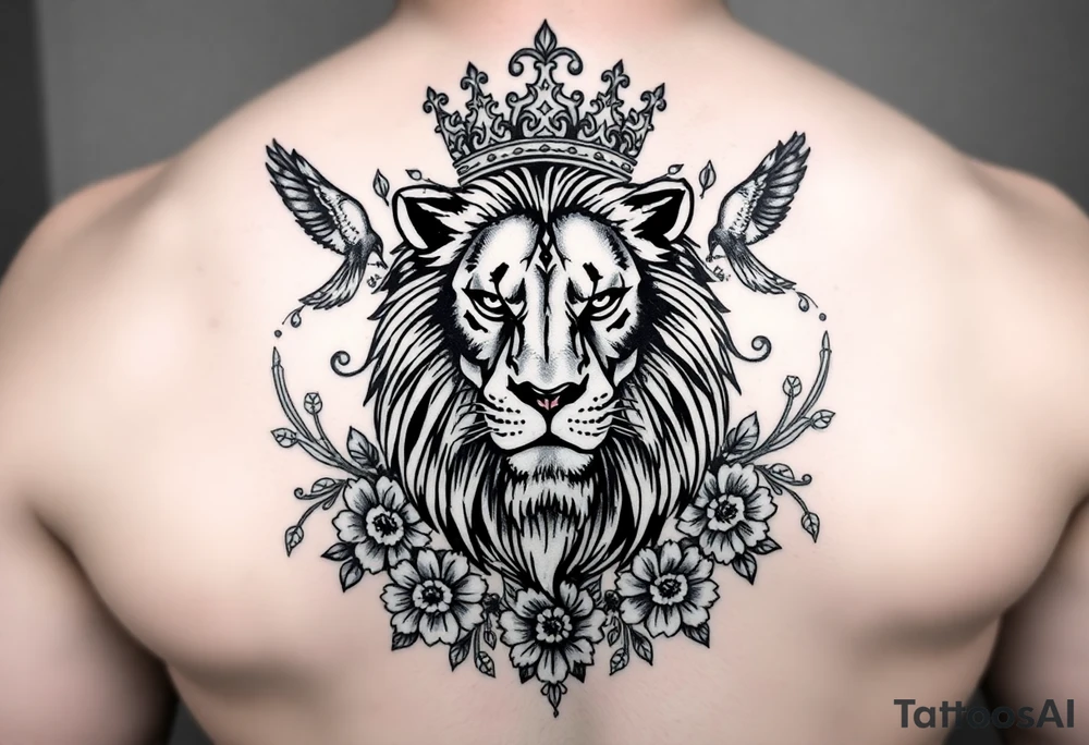 powerful majestic lion with a crown, surrounded by floral ornaments and birds tattoo idea