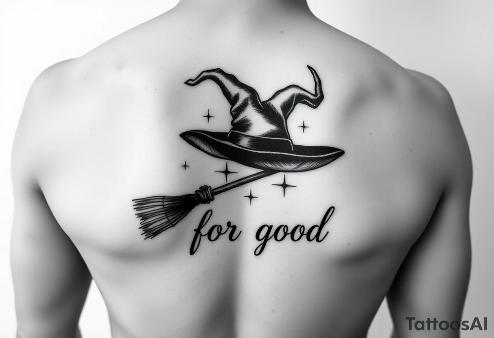 Wicked Broadway theme with a broom, witch hat, and wand. Then the lettering “for good” tattoo idea