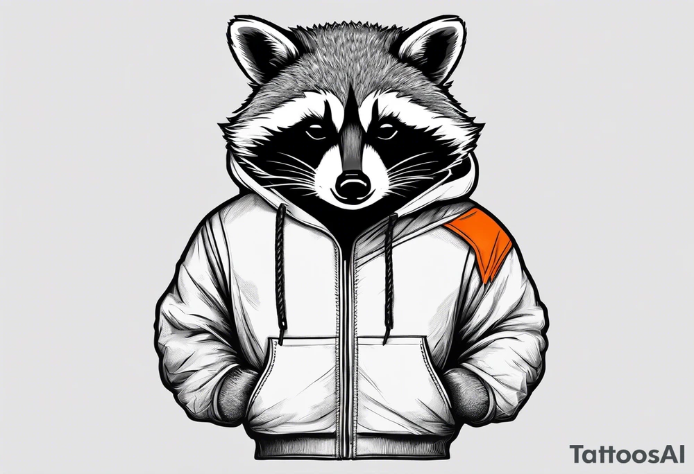 Raccoon wearing an orange Superman hoodie tattoo idea