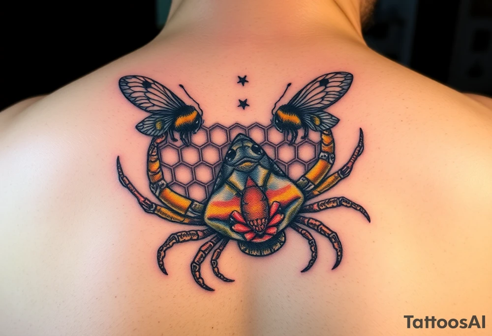 Honey comb bees, fish, crab tattoo idea