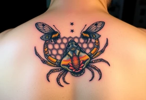 Honey comb bees, fish, crab tattoo idea